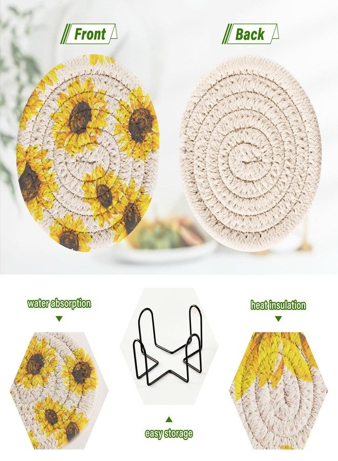 Aflyko Spring Coasters for Drink Sunflower Cute Coaster Set with Metal Holder Cotton Woven Coaster for Coffee Table Bistro Home Kitchen Island Housewarming Gift 6 Pack - Image 2